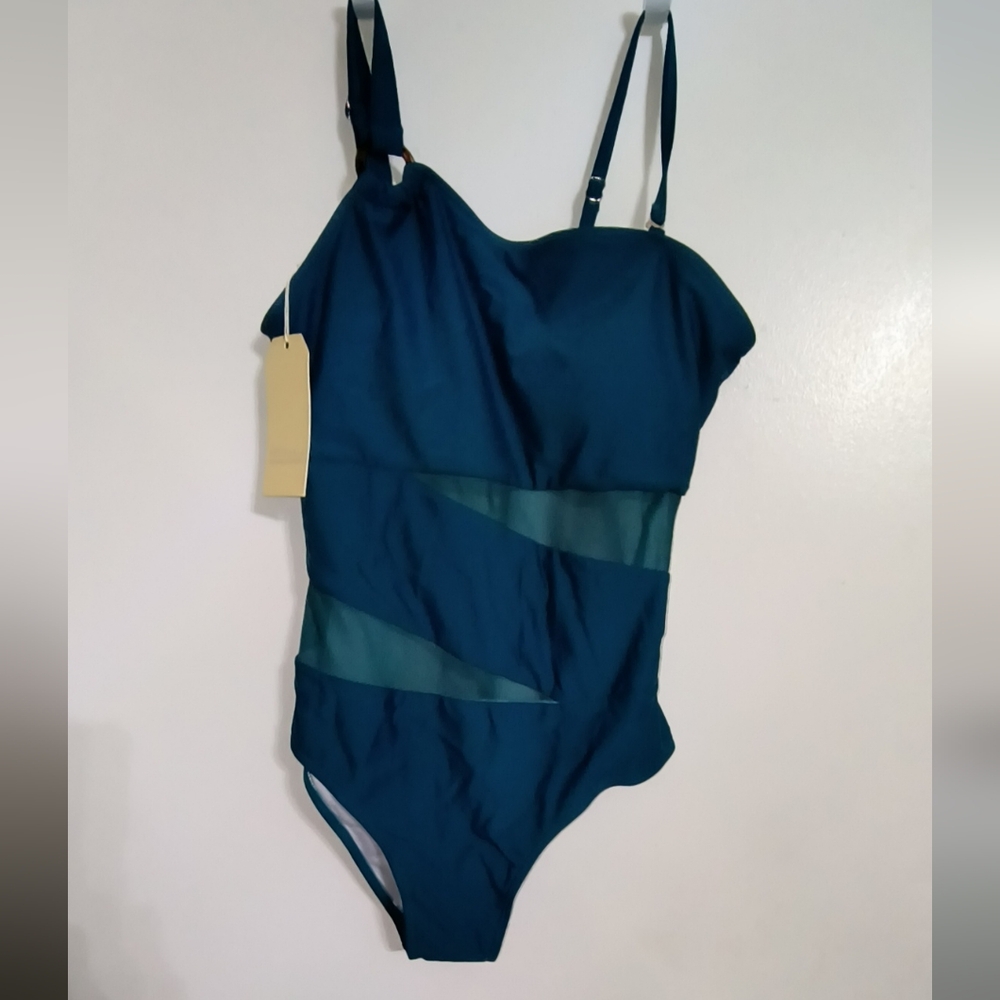 Heytalala Teal Asymmetrical Straps Mesh Cutout One Piece Swimsuit M.